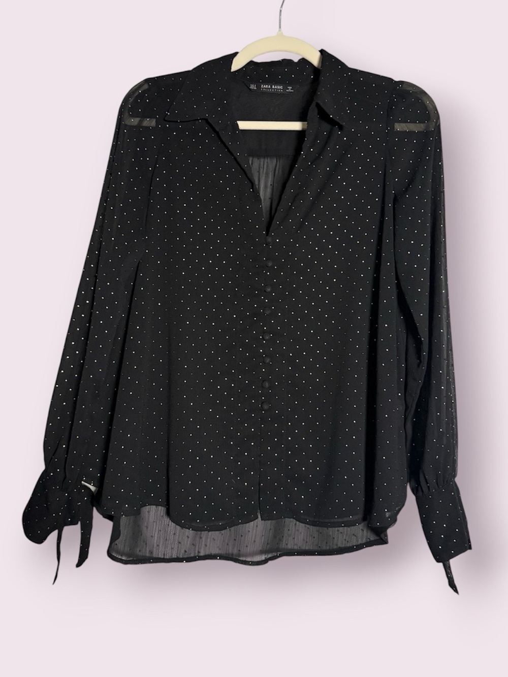 Zara Black Semi Sheer Button Up Long Sleeve Blouse with Metal Dots Size Small
